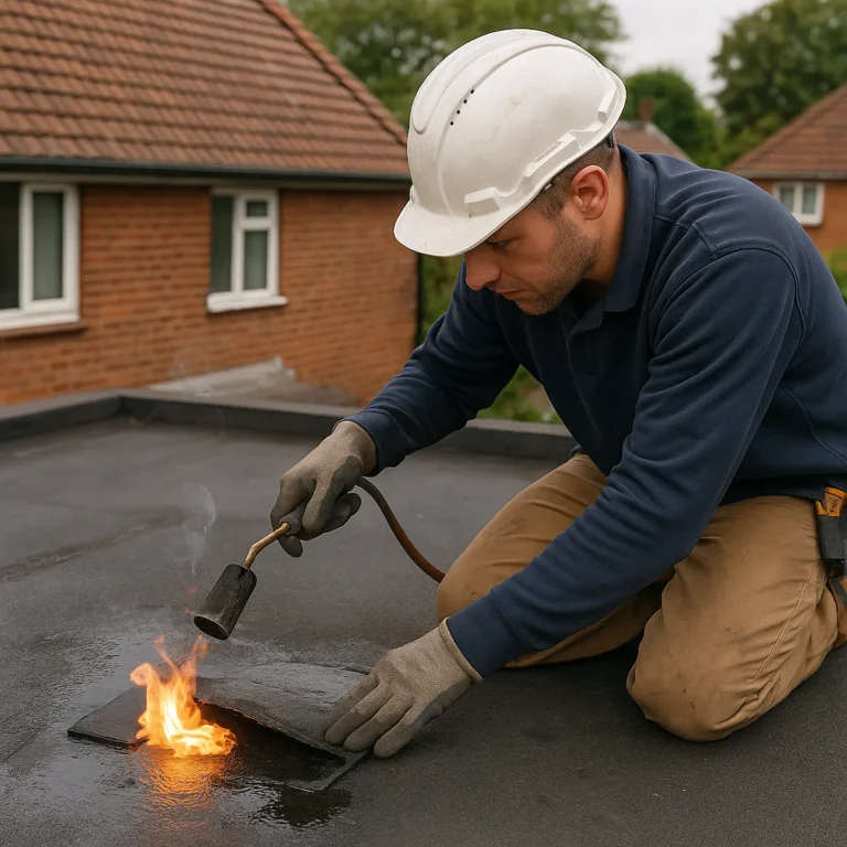 Dakdekker dicht met een gasbrander een lekkage op een plat bitumen dak om verdere vochtschade in huis te voorkomen.