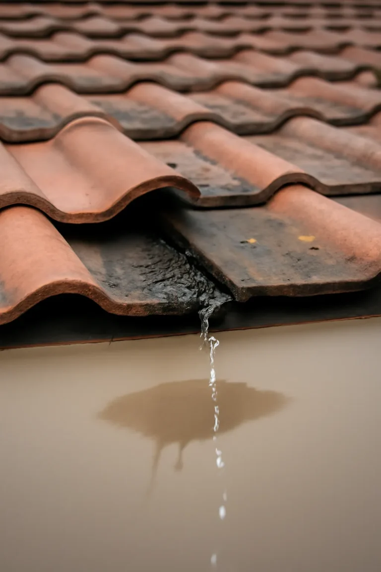 Een daklekkage zichtbaar op een hellend dak, waarbij een tegel is verwijderd en water door de onderliggende lagen sijpelt, met een vlek op het plafond eronder.