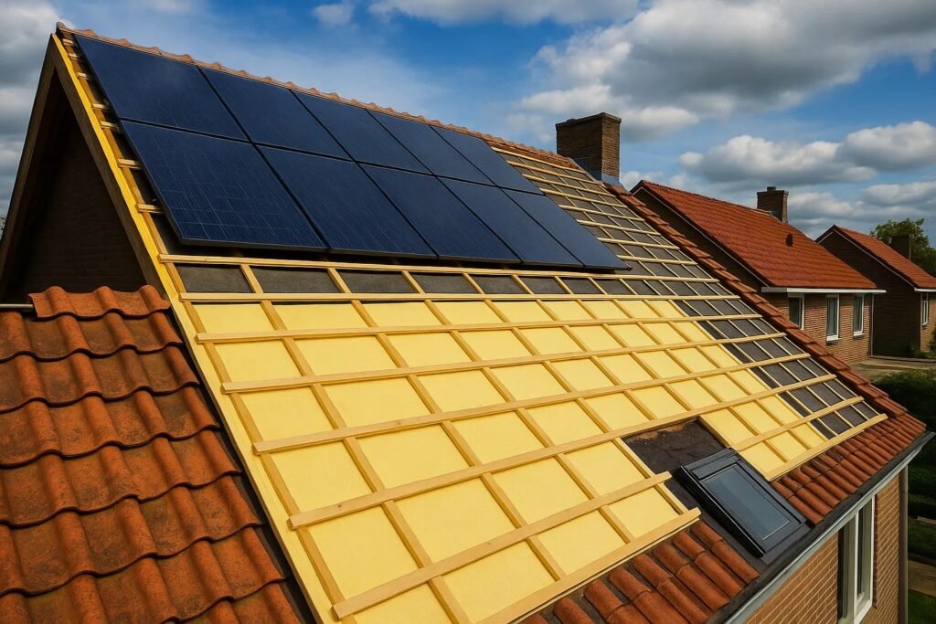 Schuin dak in renovatie met isolatieplaten en zonnepanelen onder deels bewolkte lucht