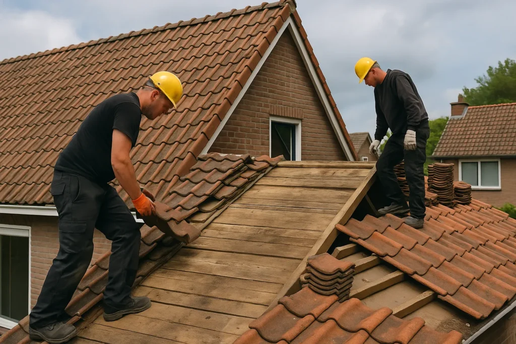 Twee dakdekkers verwijderen oude dakpannen om het houten dakbeschot te inspecteren tijdens een dakrenovatie.