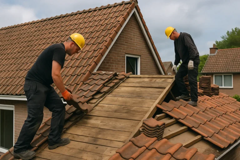 Twee dakdekkers verwijderen oude dakpannen om het houten dakbeschot te inspecteren tijdens een dakrenovatie.