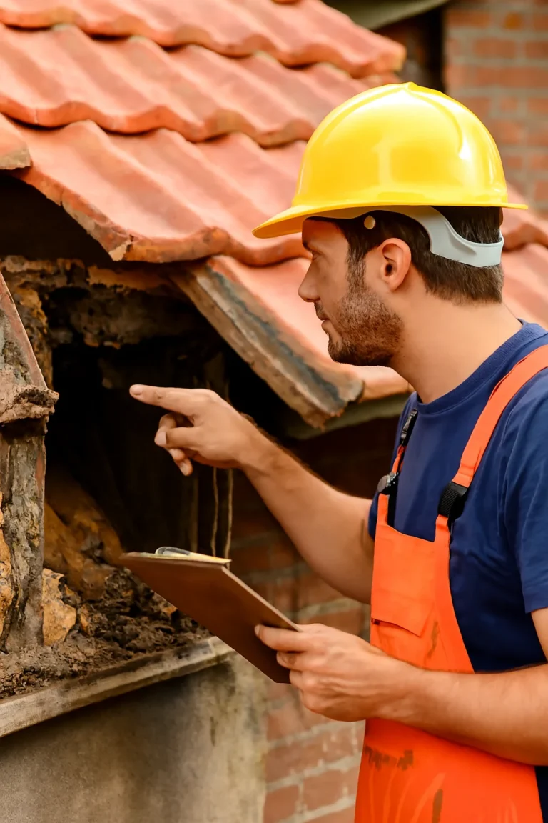 Een bouwplaats met een dak in aanbouw, waar een aannemer inspecteert en voorbereidingen maakt voor de dakrenovatie