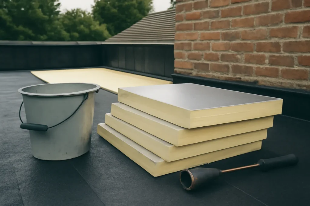 Een plat dak met isolatieplaten en een zwarte rubberen dakbedekking, tijdens een renovatieproces met een gereedschapskist op de achtergrond.