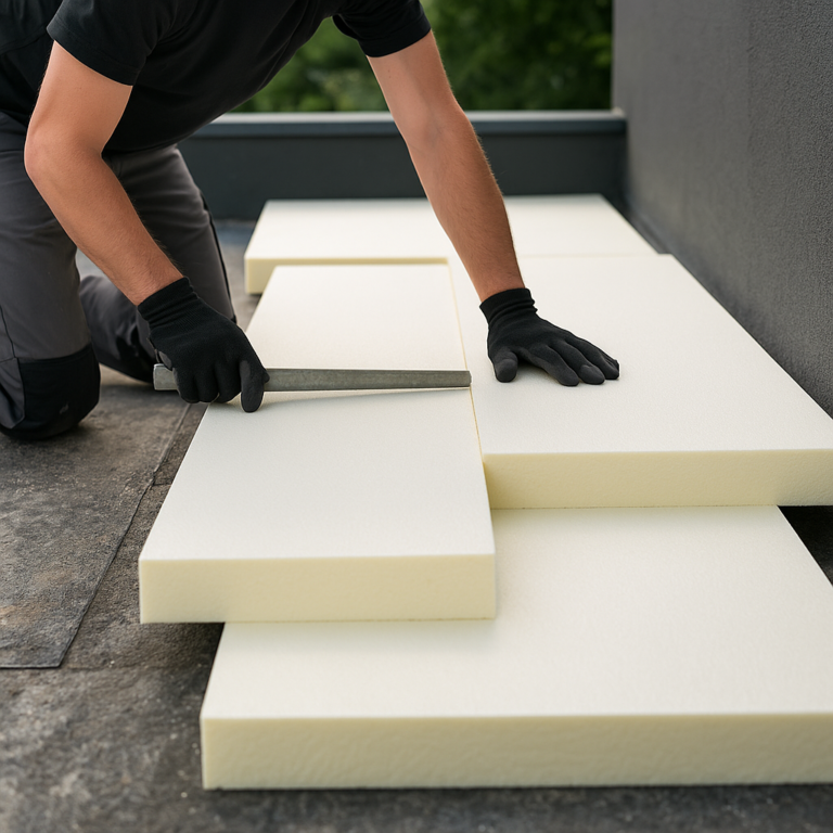 Plaatsing van isolatieplaten op een plat dak door een dakdekker met handschoenen