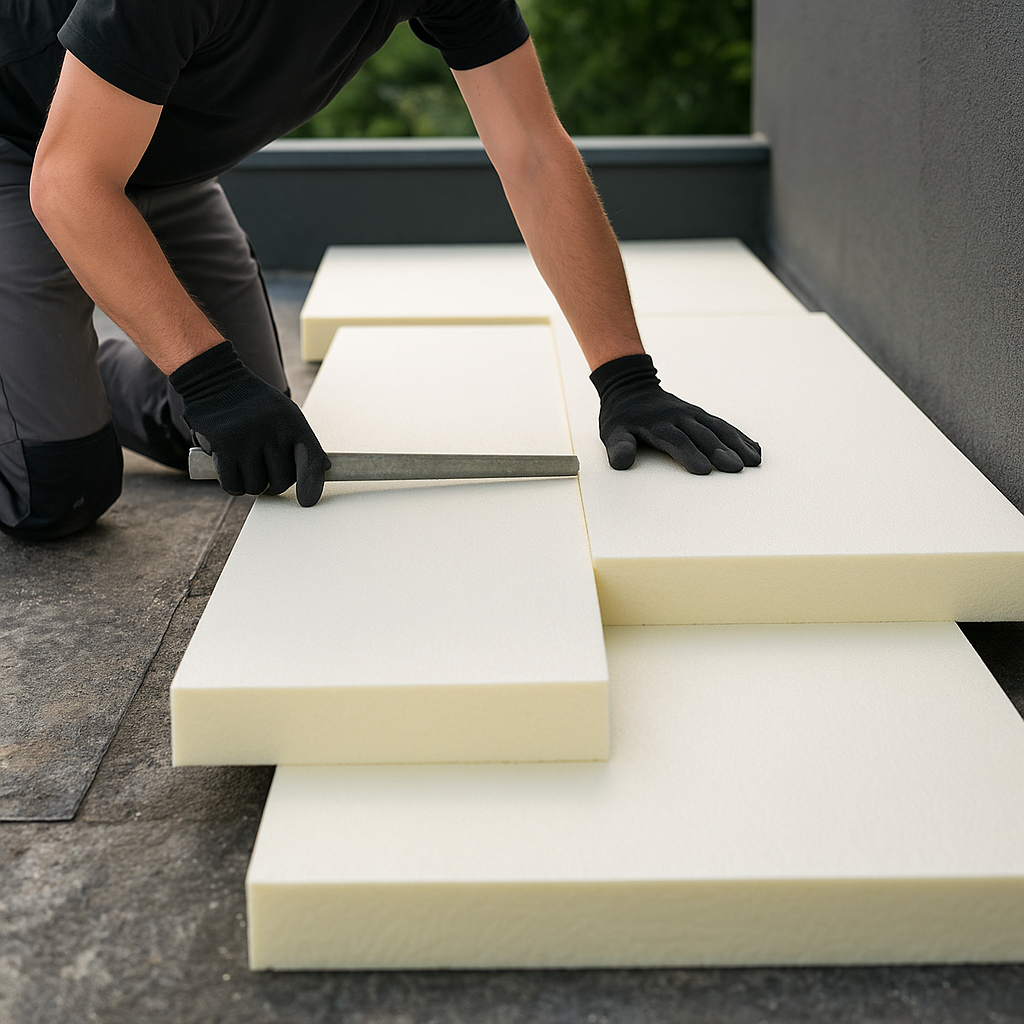 Plaatsing van isolatieplaten op een plat dak door een dakdekker met handschoenen
