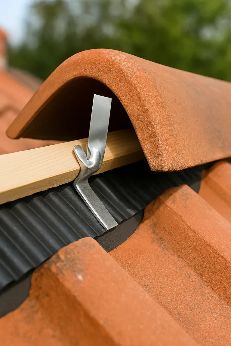 Close-up van een terracotta nokvorst die met een roestvrijstalen klem en houten tengel stevig op een pannendak is bevestigd.