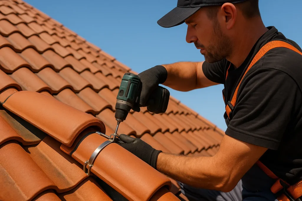 Roofer met accuboormachine zet terracotta nokvorst vast met RVS-clamp op zonnige dag.