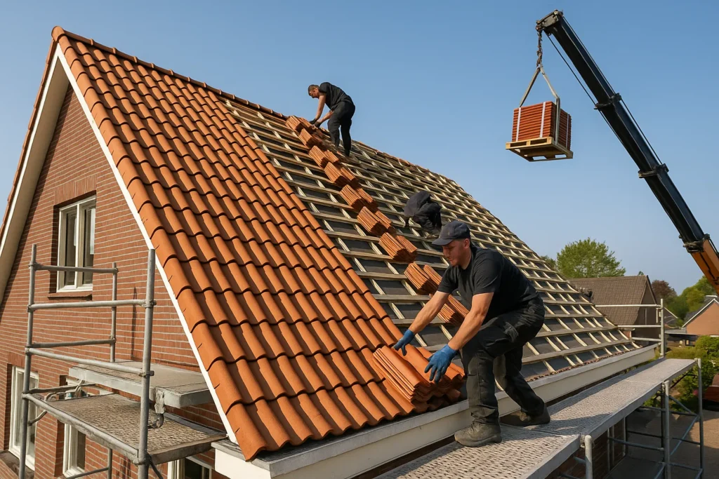 Roofingteam vervangt rode keramische pannen; hijskraan plaatst pallet op nok voor snelle doorlooptijd.