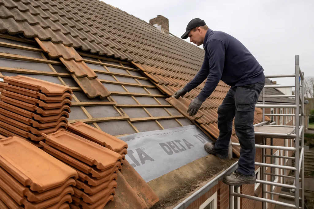 Roofer vervangt versleten terracotta dakpannen op een rijtjeshuis, met stapels nieuwe pannen op de steiger.