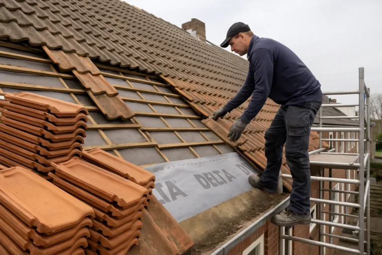 Roofer vervangt versleten terracotta dakpannen op een rijtjeshuis, met stapels nieuwe pannen op de steiger.