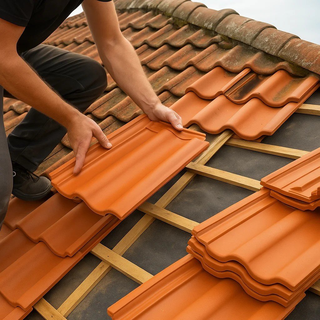 Een dakdekker plaatst een nieuwe terracotta dakpan op een houten lattenstructuur, met duidelijk zicht op het verschil tussen oude en nieuwe pannen