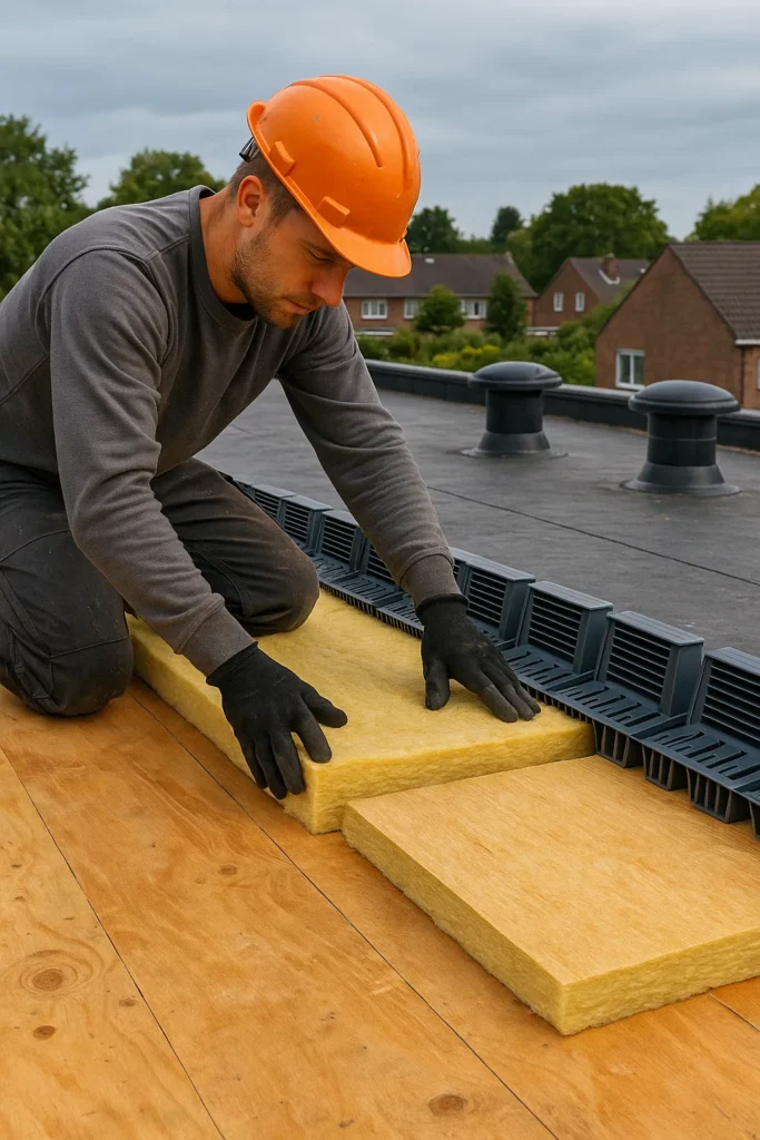 Vakman installeert isolatie en ventilatierail op een plat dak voor optimale vochtafvoer.