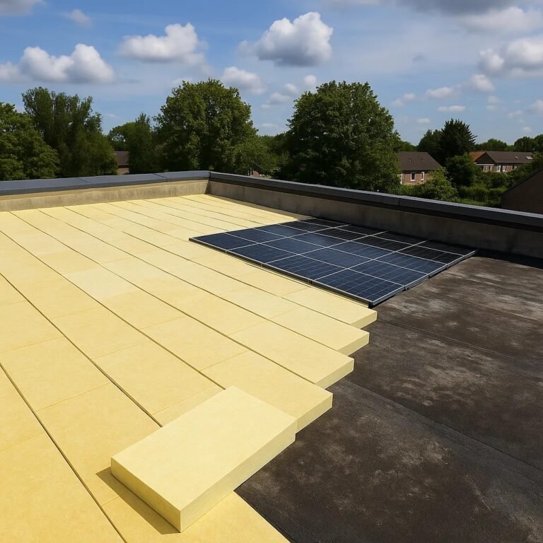 Plat dak met gedeeltelijk aangebrachte gele isolatieplaten naast bestaande bitumen dakbedekking, gefotografeerd van bovenaf