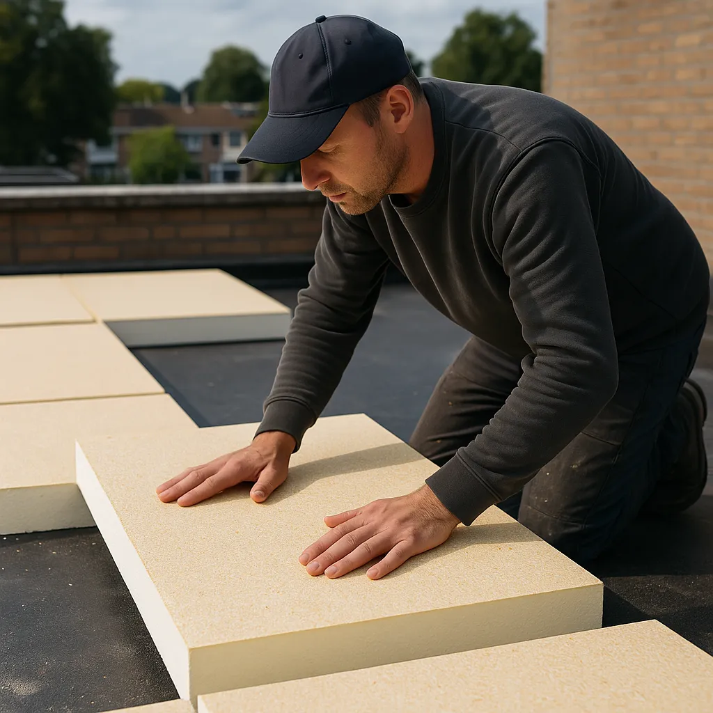Afbeelding van een vakspecialist die isolatieplaten zorgvuldig aansluit tegen een opstaande dakrand op een plat dak, zonder zichtbare tekst of storende elementen
