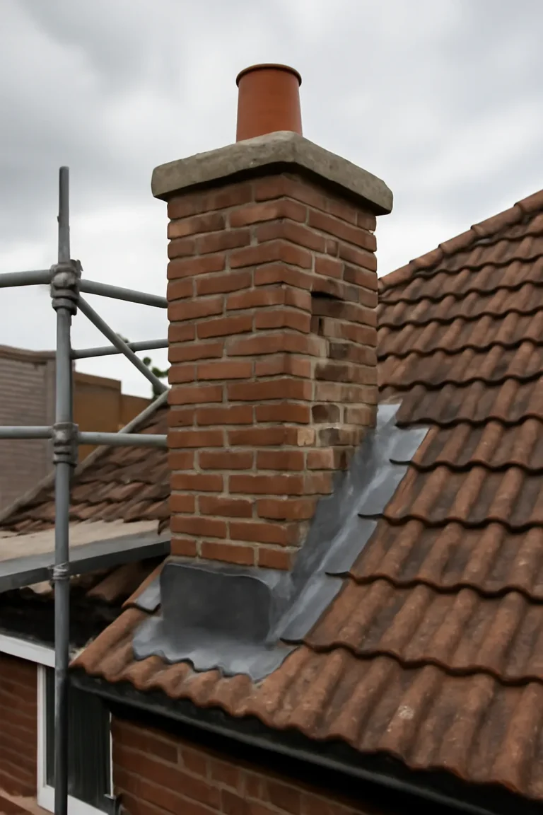 Een professionele renovatie van een schoorsteen door een vakman, met een focus op veiligheid en efficiëntie.