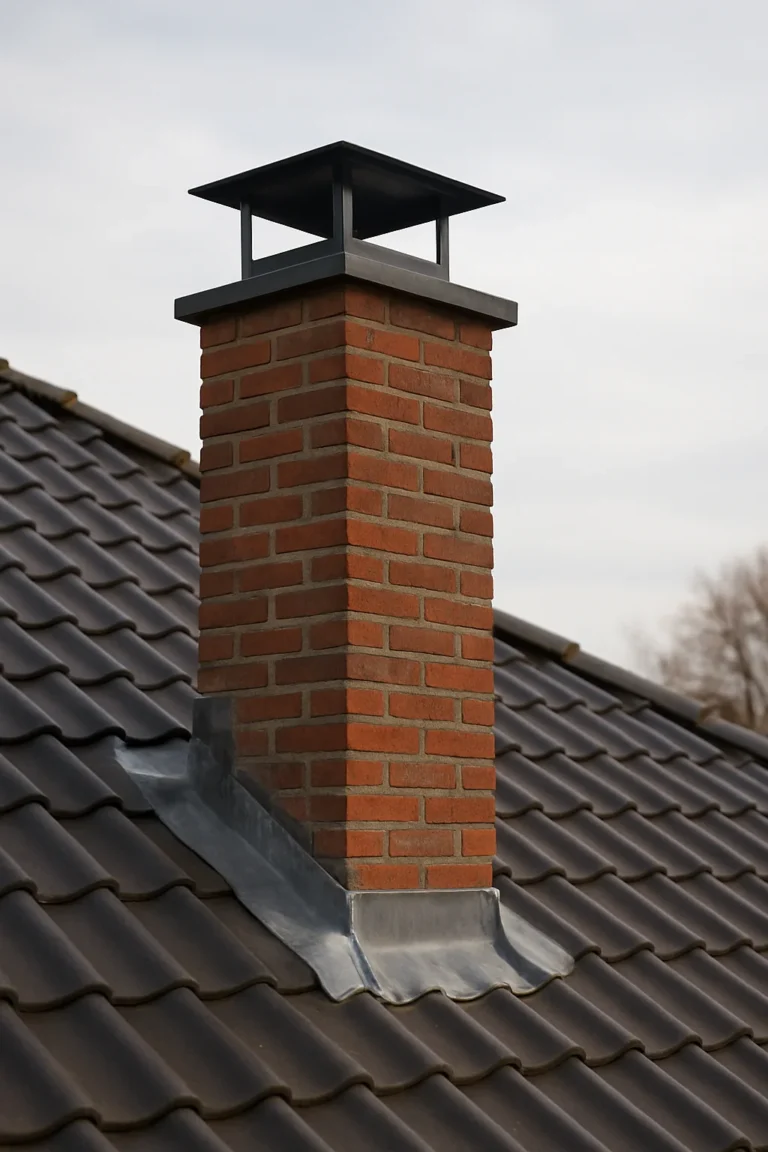 Close-up van een schoorsteen met rood metselwerk en loodslabbe op een donker pannendak