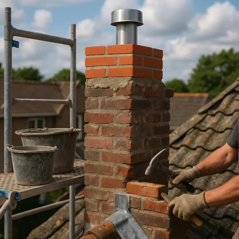 Afbeelding van een vakman op een steiger die metselwerk herstelt aan de schoorsteenkop, zonder zichtbare tekst of storende elementen