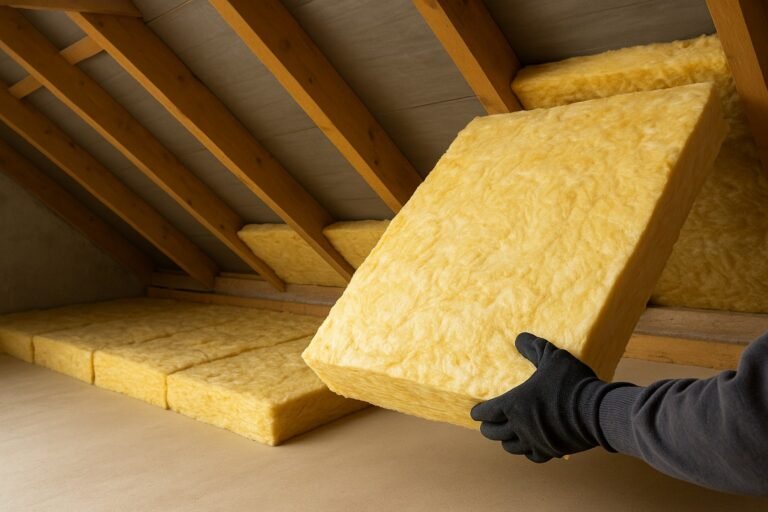 Plaatsing van glaswol isolatie in een houten zolderconstructie voor betere energie efficiëntie