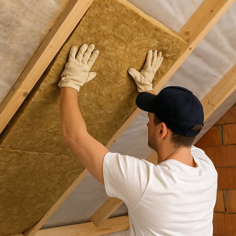 Vakman plaatst glaswol dak isoleren tussen de balken van een hellend dak