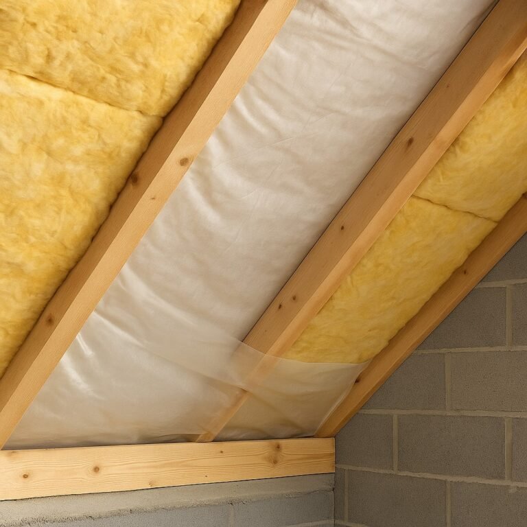 Interieur van een dakconstructie met isolatie en dampscherm voor vochtbescherming