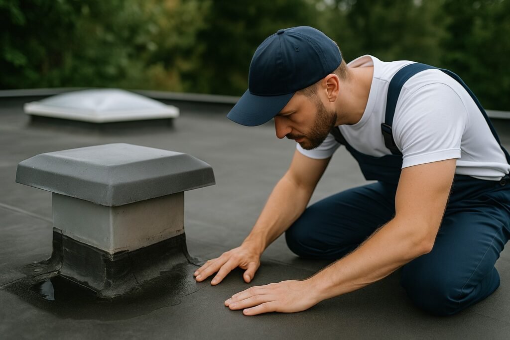Dakinspecteur controleert scheur in de dakbedekking van een plat dak