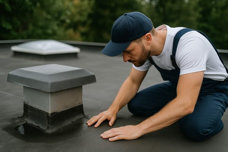 Dakinspecteur controleert scheur in de dakbedekking van een plat dak