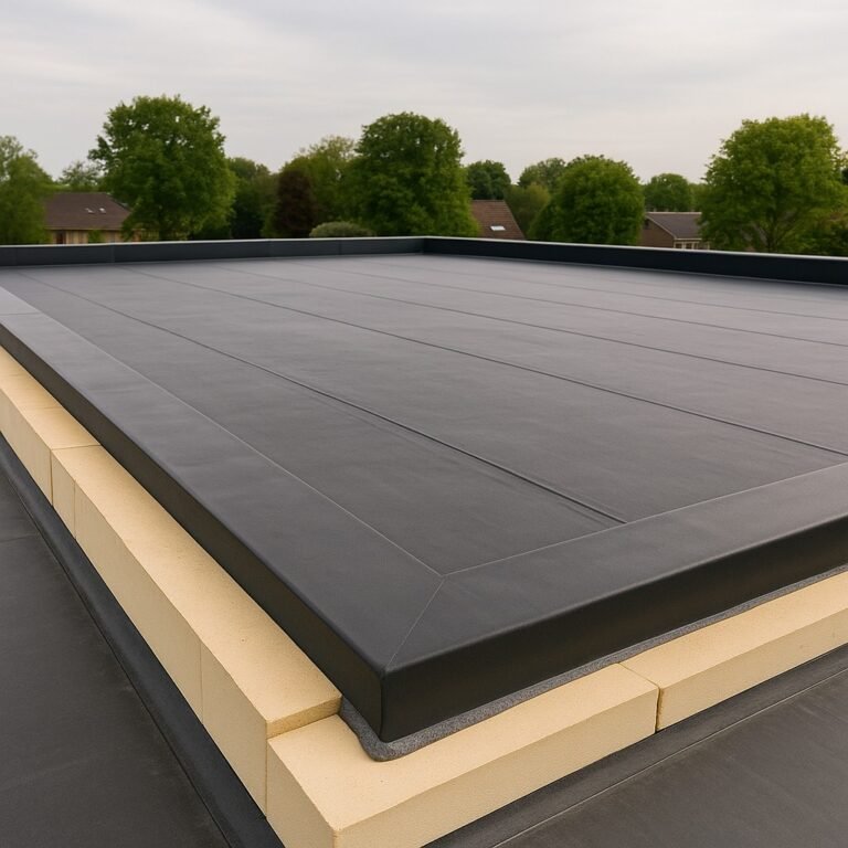 Plat dak renovatie met isolatie en nieuwe dakbedekking in uitvoering
