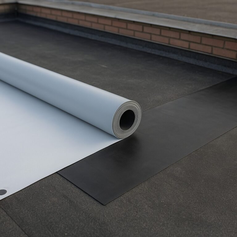 Rol witte PVC dakbedekking op zwart EPDM dak bij renovatie van een plat dak