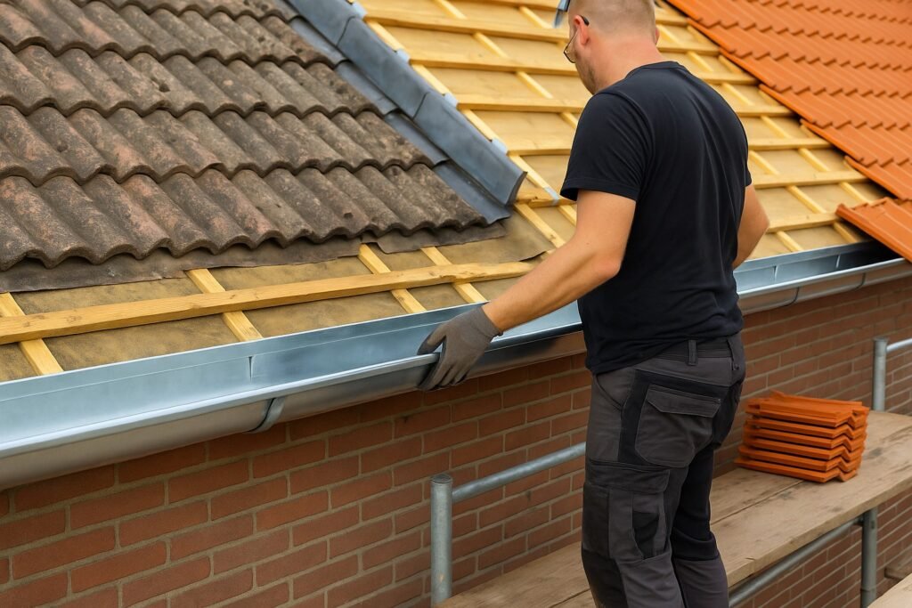 Monteur plaatst nieuwe zinken dakgoot aan dakrand van woning