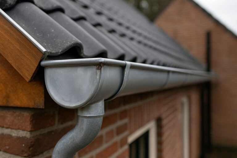 Nieuwe dakgoot vervangen langs bakstenen gevel met rechte uitlijning en correcte afvoer; montage in uitvoering