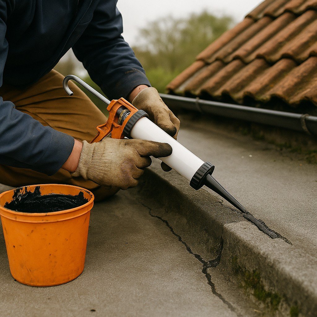 Dakdekker voert tijdelijke reparatie uit aan een lekkend plat dak.