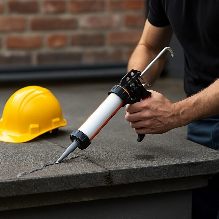 Rooier herstelt daklekkage met bitumen of EPDM op plat dak, zonder zichtbare tekst.