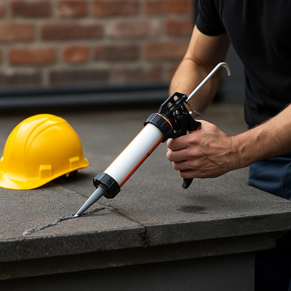 Rooier herstelt daklekkage met bitumen of EPDM op plat dak, zonder zichtbare tekst.