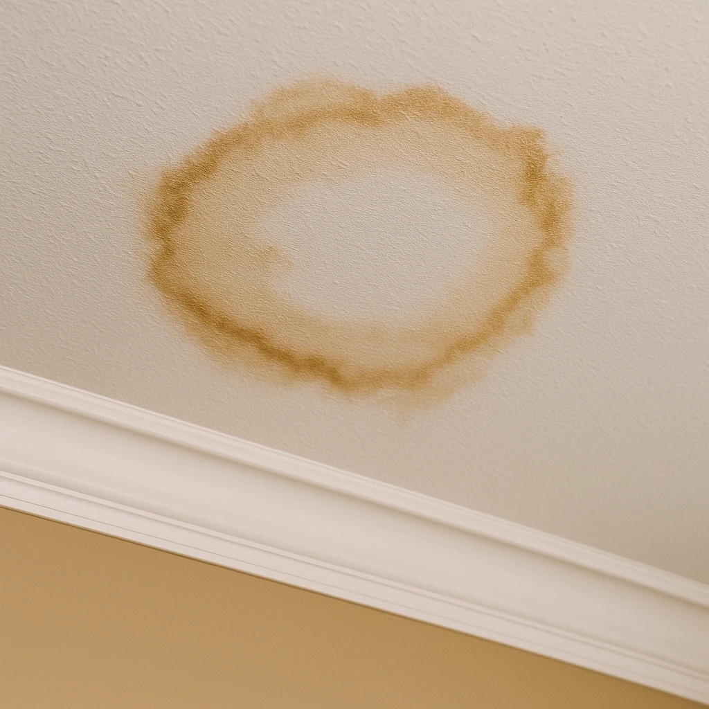 Natte, bruine waterkring op een wit gestuct plafond, veroorzaakt door daklekkage.