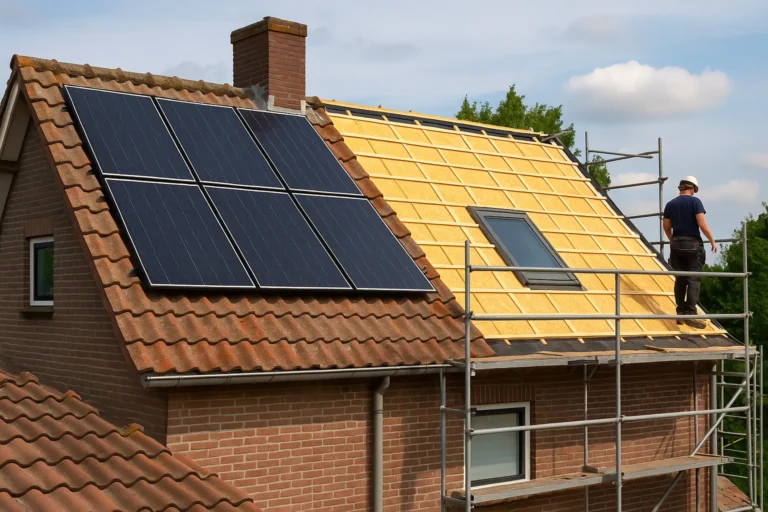 Huis in renovatie met steiger, zichtbaar geisoleerd dak en voorbereidingen voor zonnepanelen.