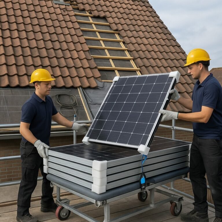 Monteurs verwijderen veilig een zonnepaneel van een pannendak; stapel panelen op kar, panlatten en folie zichtbaar.