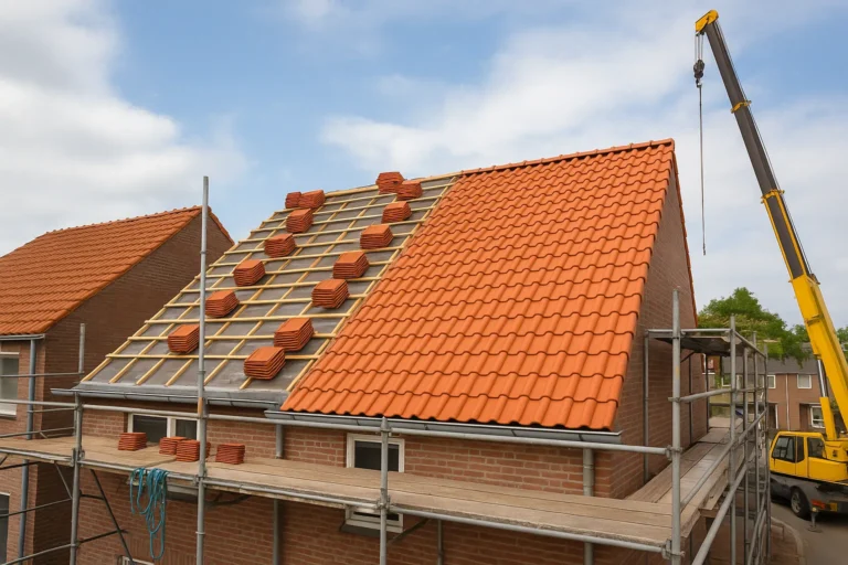 Pannendak wordt vervangen met steiger en kraan, helft van het dak is al voorzien van nieuwe oranje dakpannen.