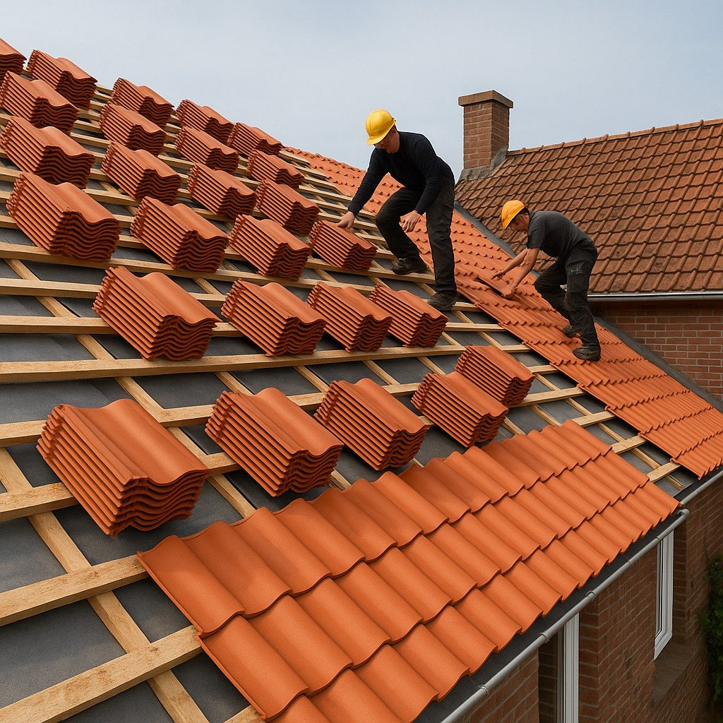 Dakdekkers plaatsen nieuwe oranje dakpannen op een houten lattenconstructie tijdens dakrenovatie
