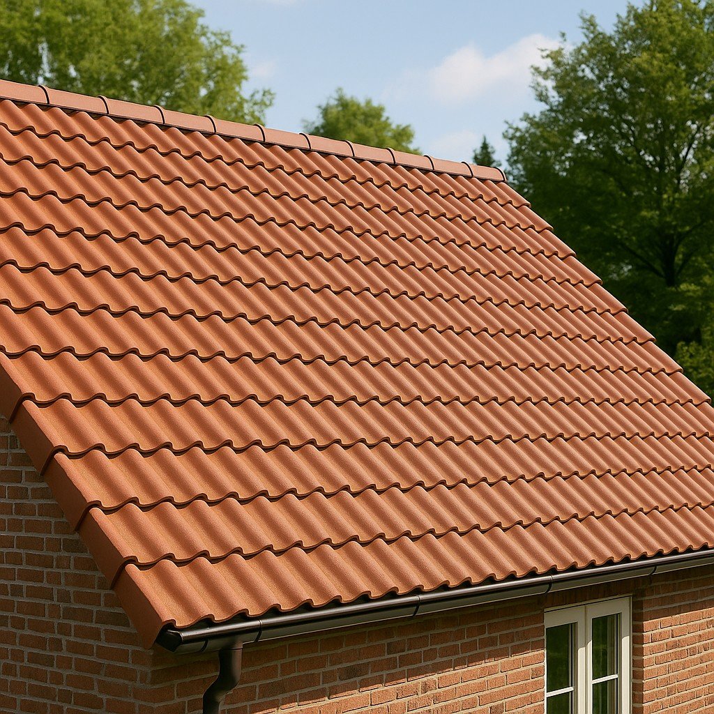 Hellend dak met terracotta dakpannen en donkerrode gevelstenen onder blauwe lucht