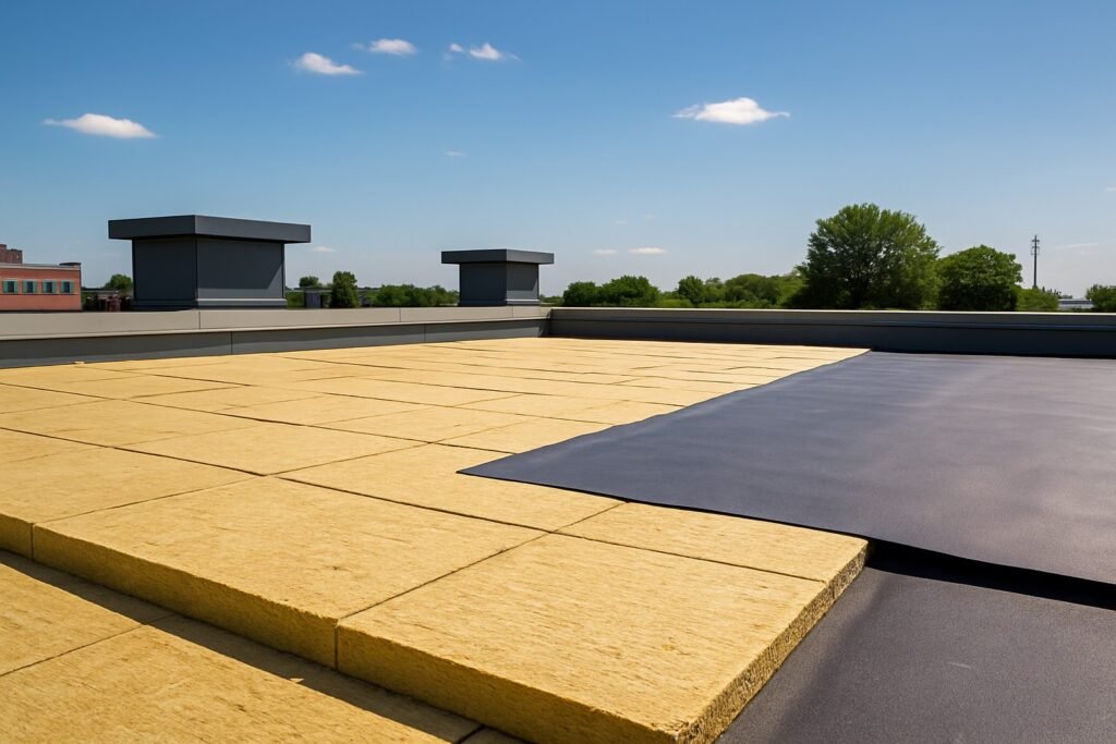 Installatie van isolatieplaten op een plat dak met een waterdichte dakbedekking, gefotografeerd op een zonnige dag.