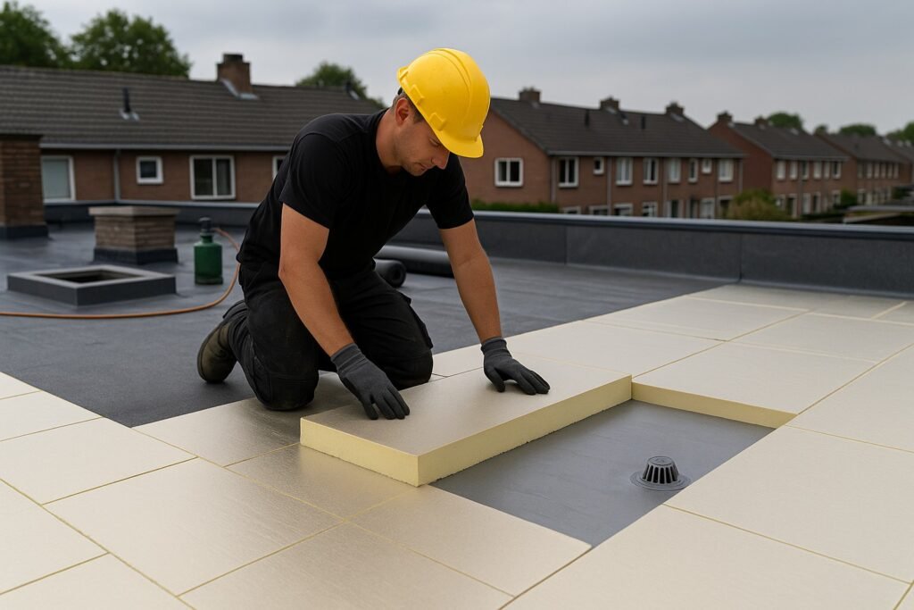 Monteur plaatst PIR-isolatieplaten op een plat dak (warm-dakopbouw) om de Rc-waarde te verhogen richting energielabel B