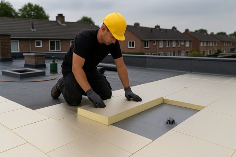 Monteur plaatst PIR-isolatieplaten op een plat dak (warm-dakopbouw) om de Rc-waarde te verhogen richting energielabel B