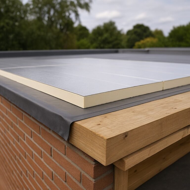 Isolatieplaten op houten plat dakconstructie met EPDM-afwerking, zonder zichtbare tekst.