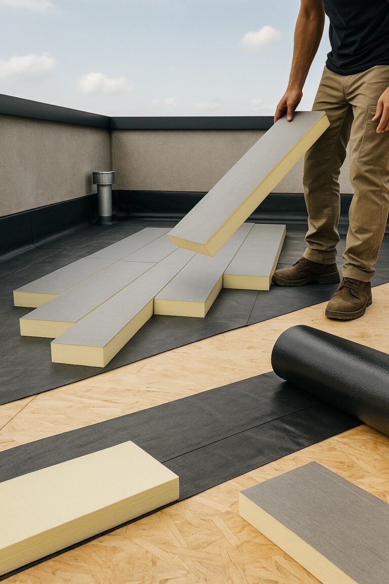 Vlak dak met onderlaag en PIR/XPS isolatiepanelen in opbouw focus op afschot en nette randdetails