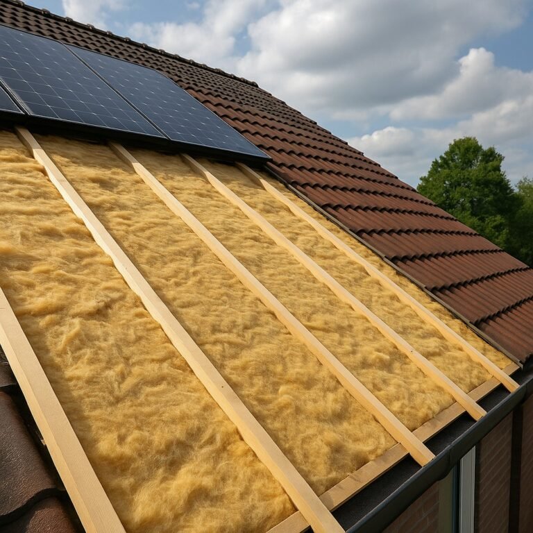 Dakisolatie met minerale wolplaten tussen houten balken tijdens renovatie