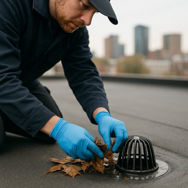 Dakbedekking plat dak monteur verwijdert bladeren bij dakuitloop op plat EPDM-dak; preventief onderhoud voor vrije waterafvoer.