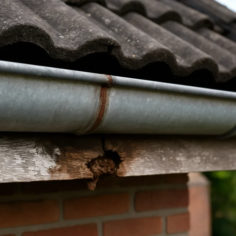 Versleten zwarte dakgoot met groot gat waar water uit lekt langs gevel.