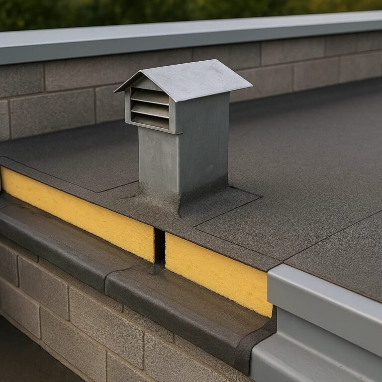 Detail van een plat dak met isolatie en ventilatiekap voor vochtregulatie.