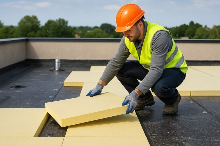 Monteur met witte helm legt PIR-plaat naast dakput op vlak dak; strakke naadaansluiting zichtbaar.