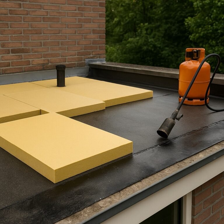Renovatie van een ouder plat dak met isolatieplaten en nieuwe waterdichte daklaag rond opstand en afvoer